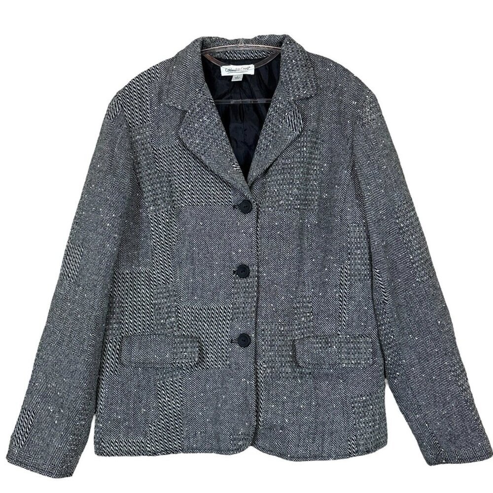 Coldwater Creek Wool Blend Tweed Herringbone Shimmer Metallic Jacket Gray Size L